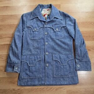Donegal Safari Jacket Mens 38R Blue Vintage Double Knit Leisure Coat Retro 70s